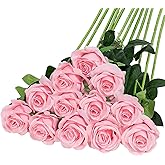 Hawesome FLORRALIA 12PCS Artificial Silk Flowers Realistic Roses Bouquet Long Stem for Home Wedding Decoration Party (12pcs-Pink) 1