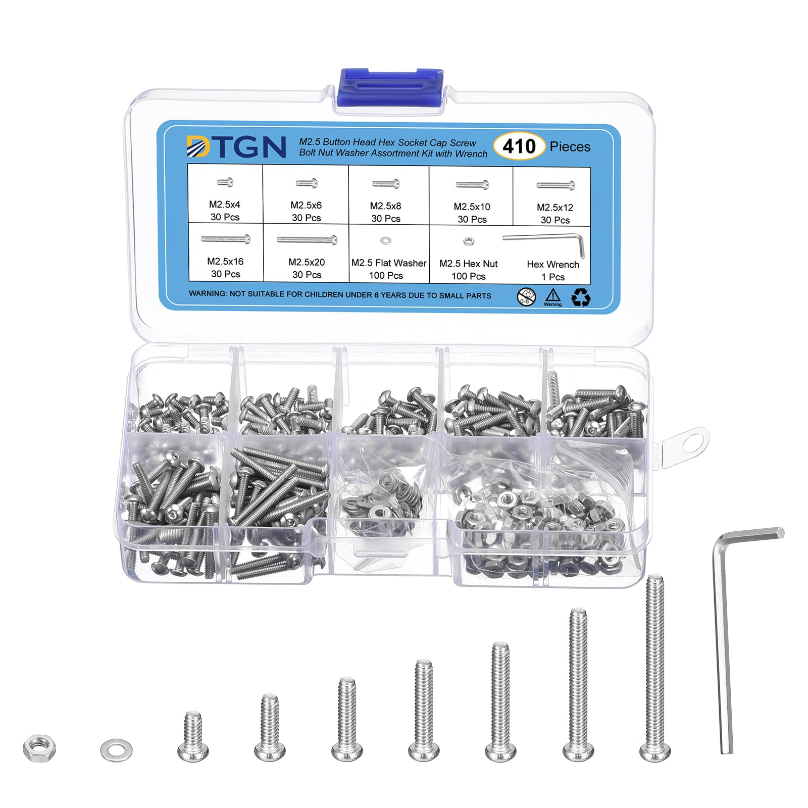 DTGN 410Pcs M2 Button Head Socket Cap Screws - 304 Stainless Steel Full Thread 4/6/8/10/12/16/20mm Bolt Nut Set Washer Assortment Kit & Wrench - Good for Machine, Furniture