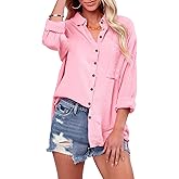 siliteelon Womens Button Down Shirts Cotton Long Sleeve Oversized Boyfriend Blouses Collared Dress Tops with Pockets