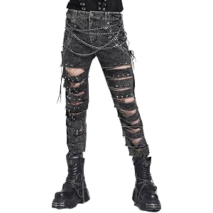 DEVIL SHACKLES Acid Wash Multi Slash Cutout Skinny Jeans Gothic Multi-Layer Cutout Rivet Chain Slim Trousers