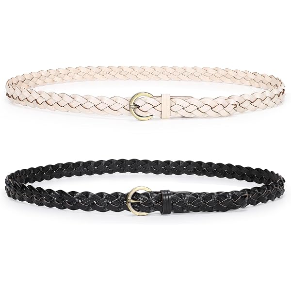 5921 2 Pack Women\'s Leather Braided Skinny Belts Woven Thin Waist BSJIA 2 Pack Skinny Thin Braided Belts for Women Dresses  main image 3