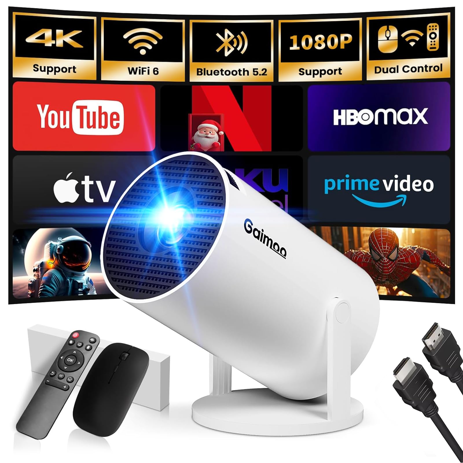 Photo 1 of Mini Projector with WiFi and Bluetooth Built-in Apps Smart Projector Support 4K 1080P FHD 180° Adjustable Auto Keystone Compatibile with HDMI/TV Stick/Memory Stick/Laptop, White