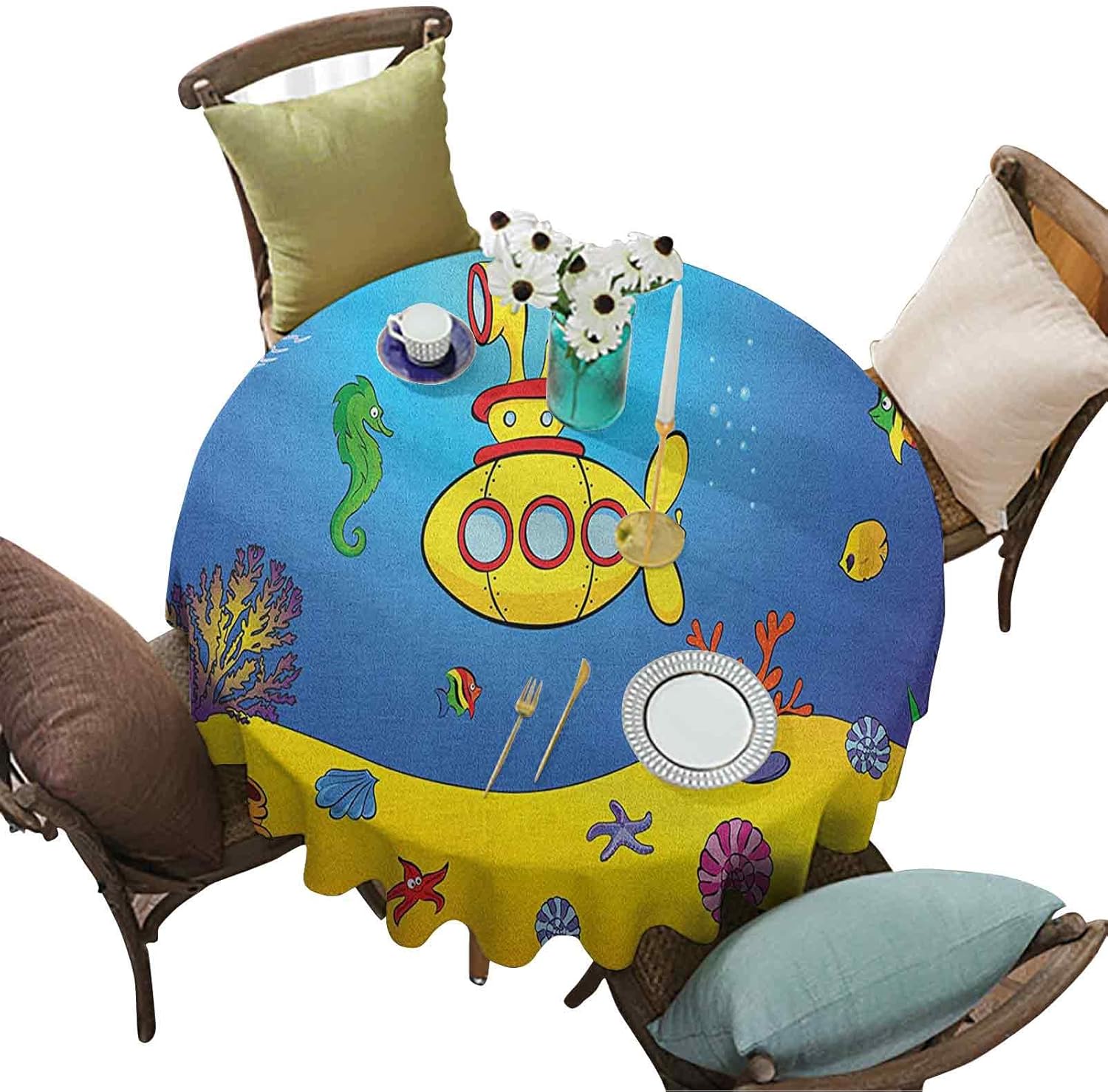 Mantel redondo con diseño de submarino amarillo para niños, diseño