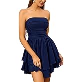 Parthea Women's Sexy Strapless Ruffle Hem Mini Dresses Ruched Waist Sleeveless A Line Tube Top Short Party Dress