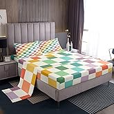 Feelyou Multicolored Checkered Retro Bedding Set Kids Boys Girls Geometric Vintage Bed Sheets Full Size Green Yellow Colorful Fitted Sheet Set Modern Simple Groovy Aesthetic Room Decor