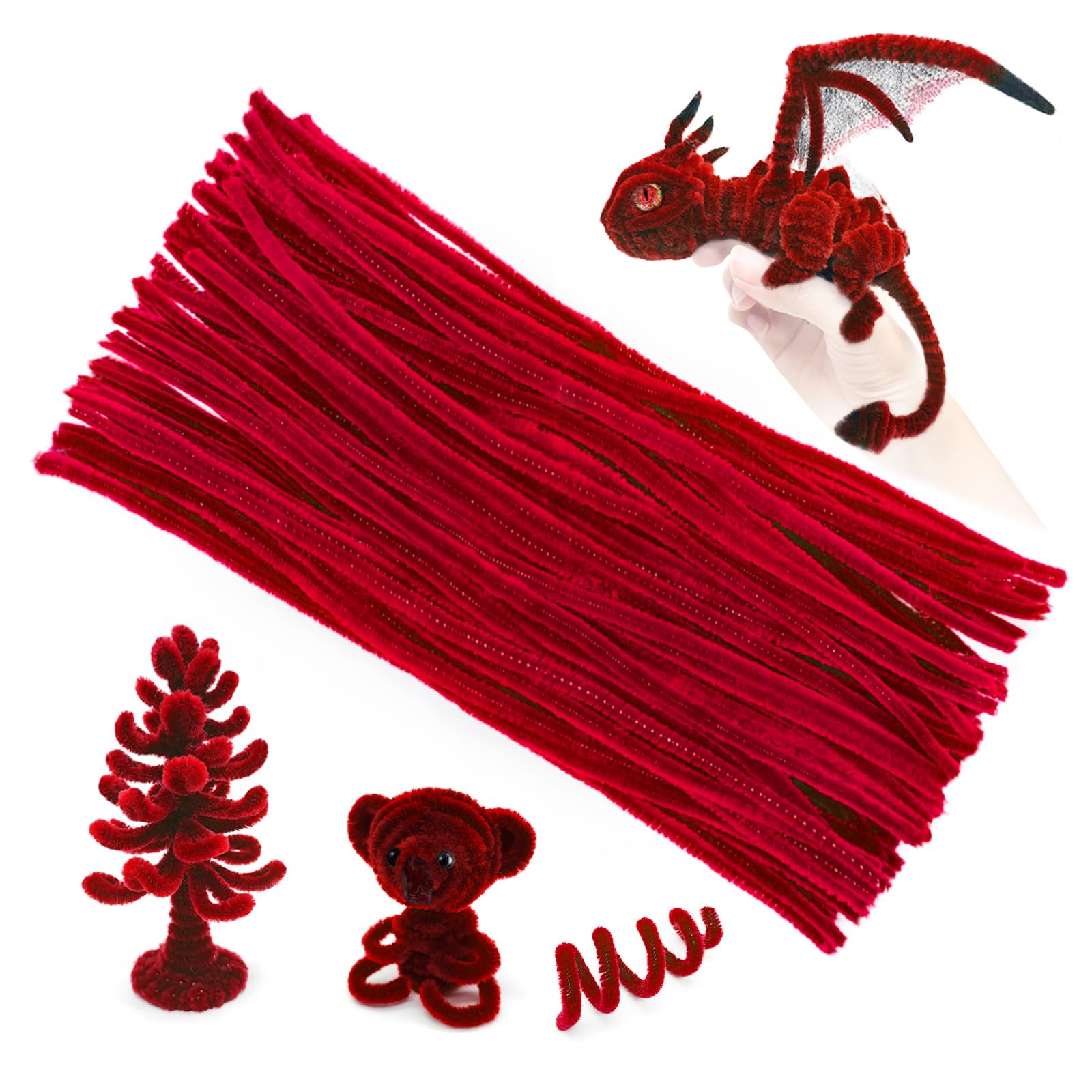 Cretty-Meet 100pcs Fluffy Pipe Cleaners Chenille Stems Pipe Cleaners Craft Supplies for Making Wreaths, Christmas Decorations, Animals, Flowers, Creative Handmade DIY Art Craft Project - Red
