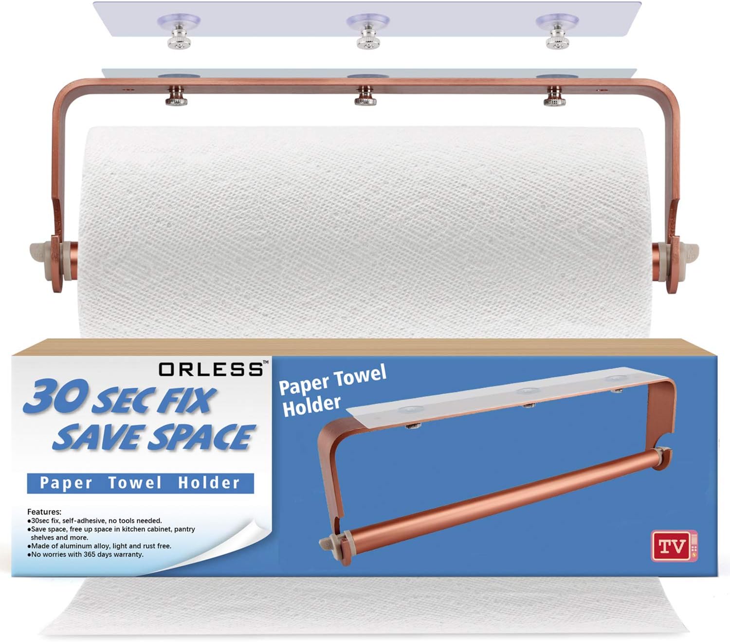 ORLESS Adhesive Paper Towel Holder Under Cabinet & Wall Mount, No Drilling Suitable for Kitchen Bathroom - Copper Gold