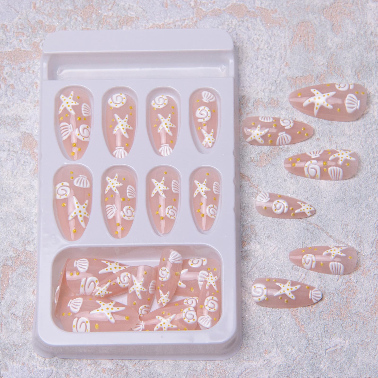 Summer Press on Nails Almond Beach Fake Nails 3D Ocean Acrylic Nails White Sea Shell Starfish Artificial Nails Medium Length False Nails Glue on Nails for Women Girls Manicure 24Pcs - Image 7