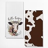 EIONEY Hello Heifers Watercolor Floral Cow Cowhide Print Kitchen & Tea Towels,Dish Cloth Flour Sack Hand Towel for Farmhouse Kitchen Decor,24 X 16 Inches Cotton Dish Towels,Set of 2