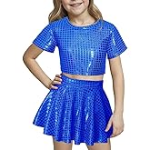 Happy Cherry Kid Girl Shiny Skirt and Top Set 2 Pcs Short Sleeve Metallic Disco Crop Top & Pleated Mini Skirt Set