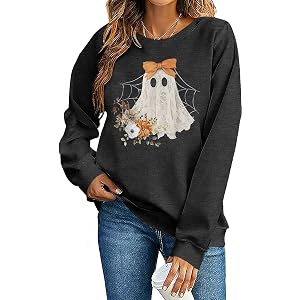 Halloween Spooky Season Sweatshirt Women Cute Ghost Graphic Pullover Tops | Magical Halloween Sweatshirts, Womens Black Cat G
