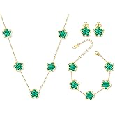 PRIMATORIA Five Leaf Clover Jewelry Set for Women |18K Gold Plated Bracelet Necklace Earrings | 5 Leaf Lucky Choker and Ear Studs for Mother and Daughter