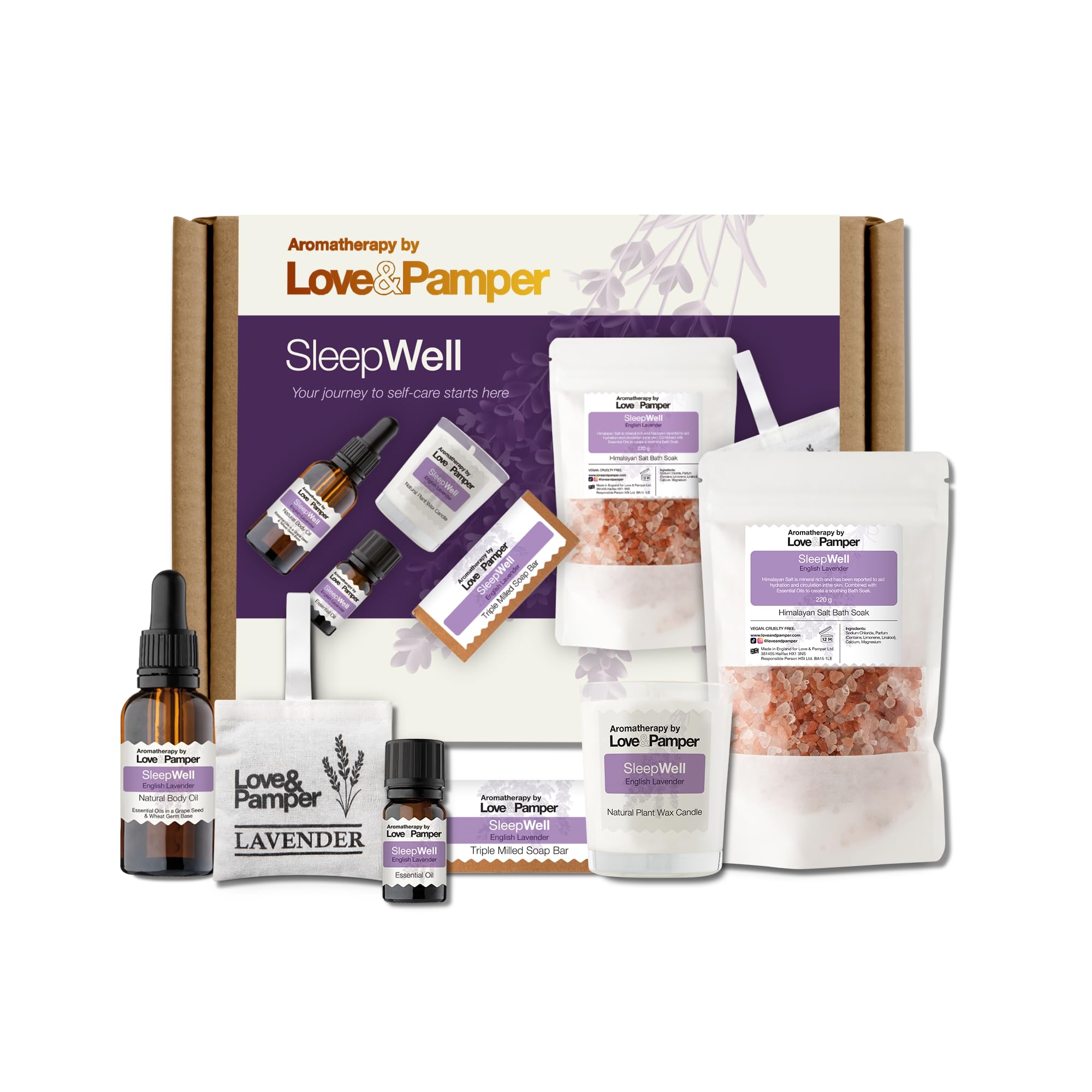 SLEEP WELL - Lavender Aromatherapy Pamper Gift Sets For Women Wellness, Essential Oil, Massage Oil,Himalayan Bath Salt,Soy Candle, Spa Lux Hand Made Soap, Lavender Seed Pillow Pouch