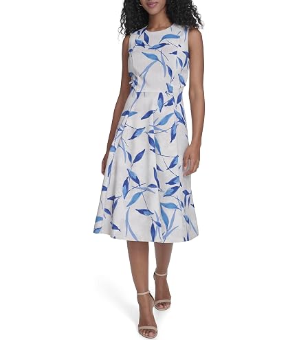 Calvin Klein Women's Sleeveless Dot Crepe Floral Drawstring Midi Dress Watermelon Multi 2 at Amazon Women's Clothing store
