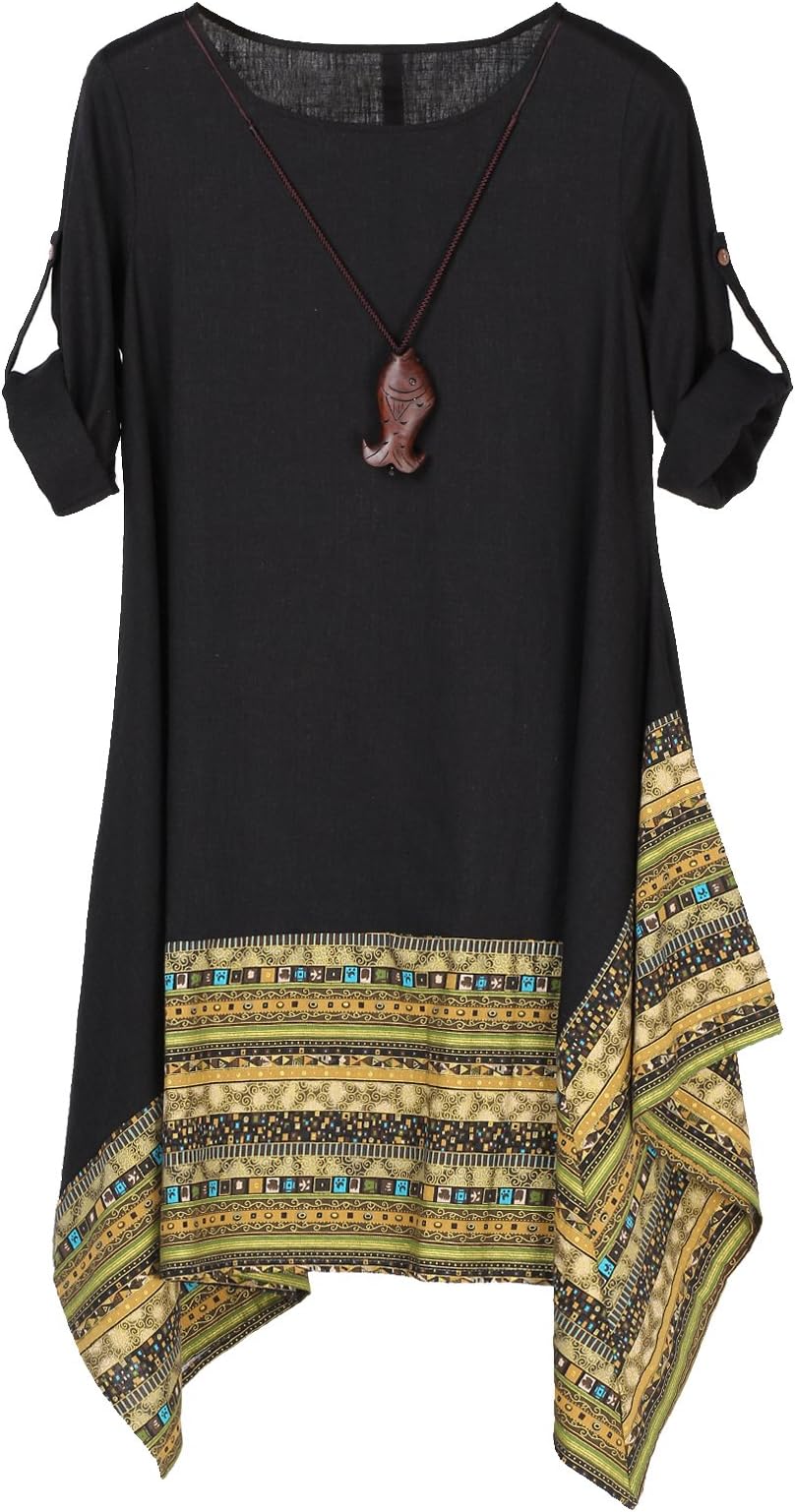 VogstyleWomen's Summer Cotton Linen Short Sleeve Tee Shirt Dress Irregular Hem Tunic Long Black