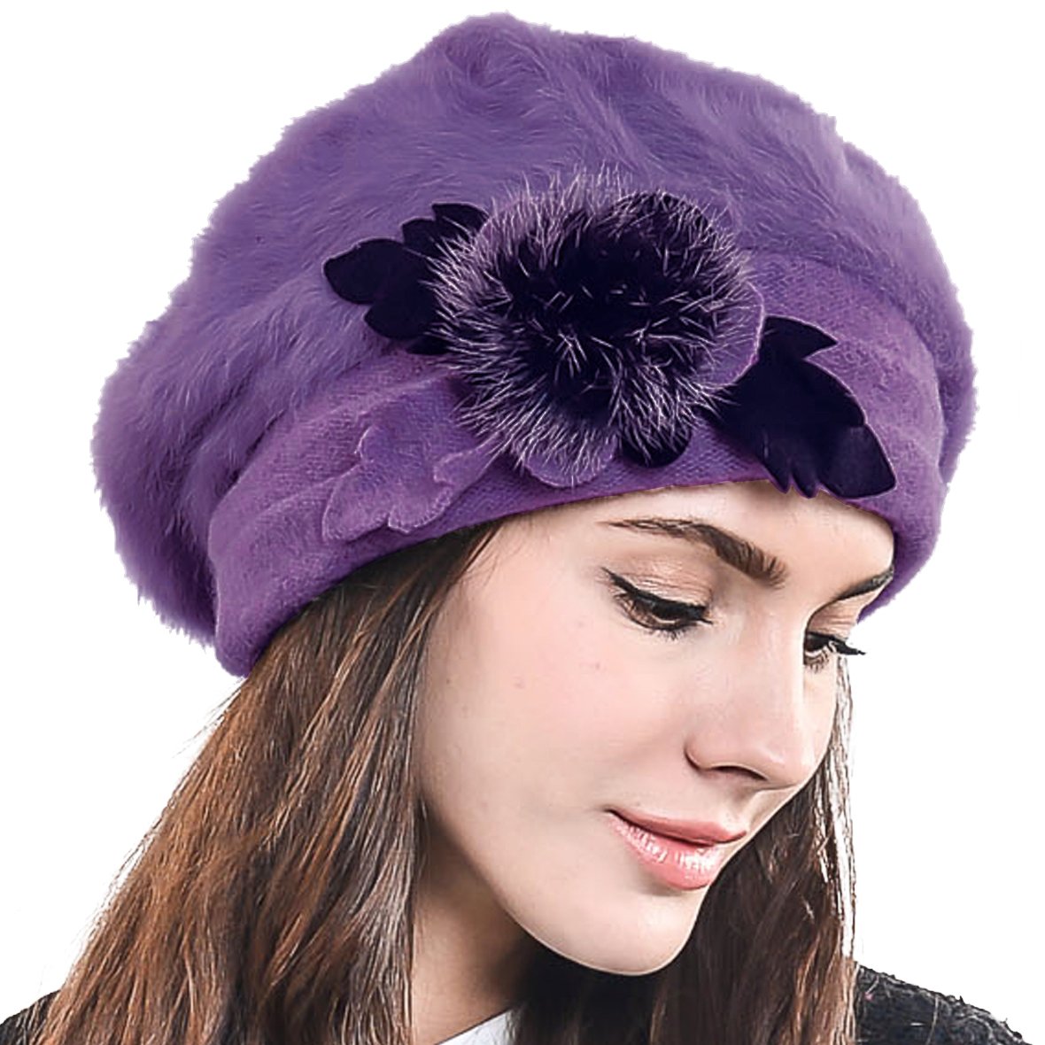 HISSHE Women Classic French Artist Wool Beret Angora Beanie Winter Hat BR022 (Purple)