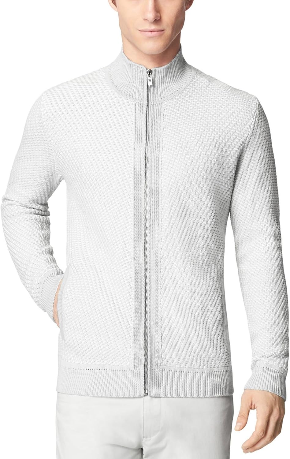 Calvin Klein Men's Cotton Textured Marl Full Zip Sweater, Pearl Blue, X