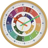 BAKBRAND Kids Wall Clock Telling Time Silent Non-Ticking Learning Clock Colorful Teaching Wall Clocks Round Plastic Analog Educational Decor Clock for Classroom, Playroom, Bedroom (EDU2-Wood, 10 inch)