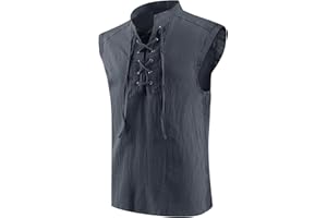mogenda Mens Medieval Renaissance Pirate Costume Sleeveless Lace-up Stand Collar Shirt Gothic Viking Steampunk Top Tunic