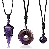 Jovivi 3 Pcs Healing Crystal Stone Necklaces Set for Men Women Natural Amethyst Black Obsidian Tiger Eye Gemstone Hexagonal Bead Donut Necklace Adjustable Rope Quartz Crystal Chakra Pendant Jewelry for Reiki Energy