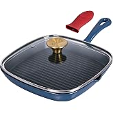 Tastedeli 9.25" Enameled Cast Iron Grill Pan with Lid | Square Grill Pan with Glass Lid, Silicone Handle Holder, Induction &amp; All Stovetop Compatible, High Heat &amp; Oven Safe
