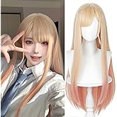 Probeauty Blonde Pink Wig, Long Straight Ombre Wigs for Women Girls Anime Cosplay, Halloween Costume Party Hair with Wig Cap 32 Inch