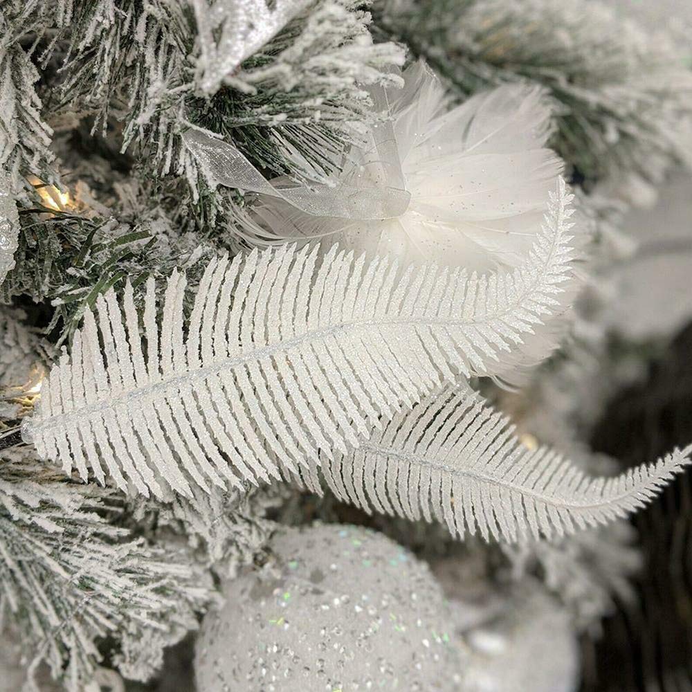 Yueshop 6pcs Christmas Tree Decoration Clip On Feather Glittery Baubles Ornament Personalised Christmas Bauble Xmas Decor Novelty Item 22cm (White)