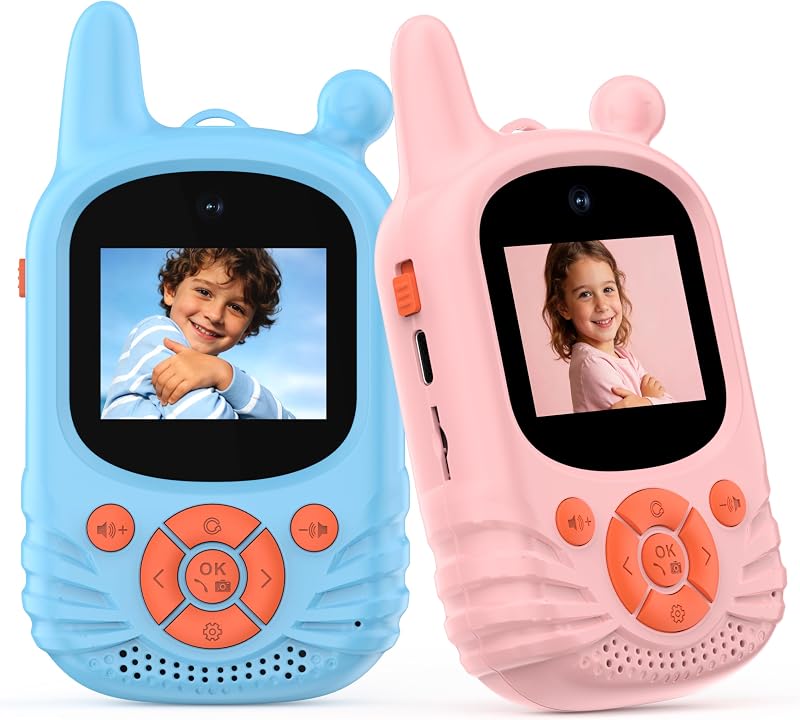 Walkie talkies de vídeo para crianças, câmara dupla HD, 2 unidades, brinquedo recarregável, alcance de 300 m, walkie-talkie para crianças dos 3 aos 12 anos