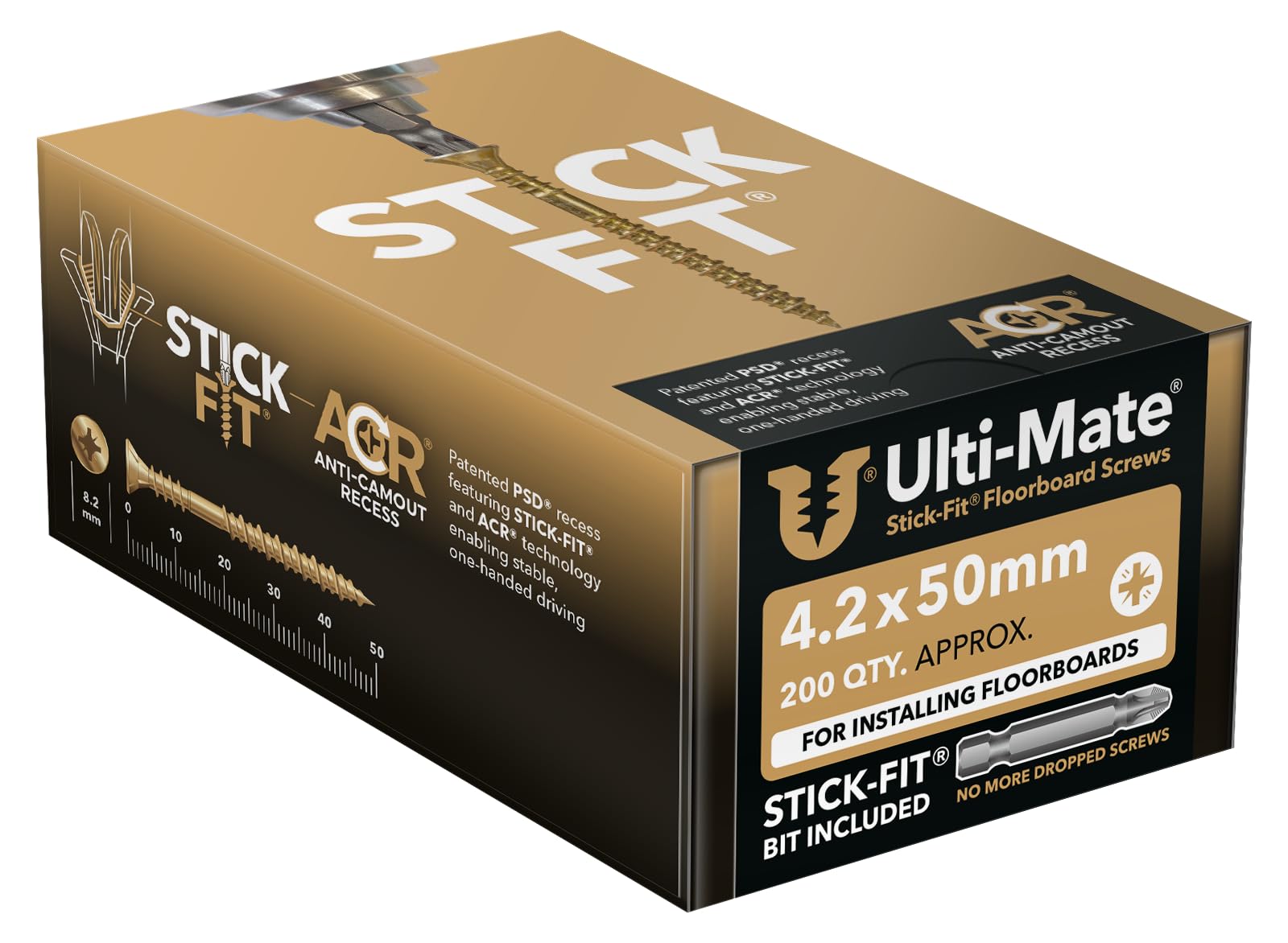 Ulti-Mate FB42050 Stick-Fit Floorboard Screws - 4.2 x 50mm - Box of 200, Zinc & Yellow