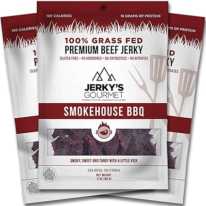 Amazon Com Smokehouse Bbq Grass Fed Beef Jerky 120 Calorie Snacks Gourmet Healthy Low Carb High Protein Keto Friendly Gluten Free 3 Packs Grocery Gourmet Food