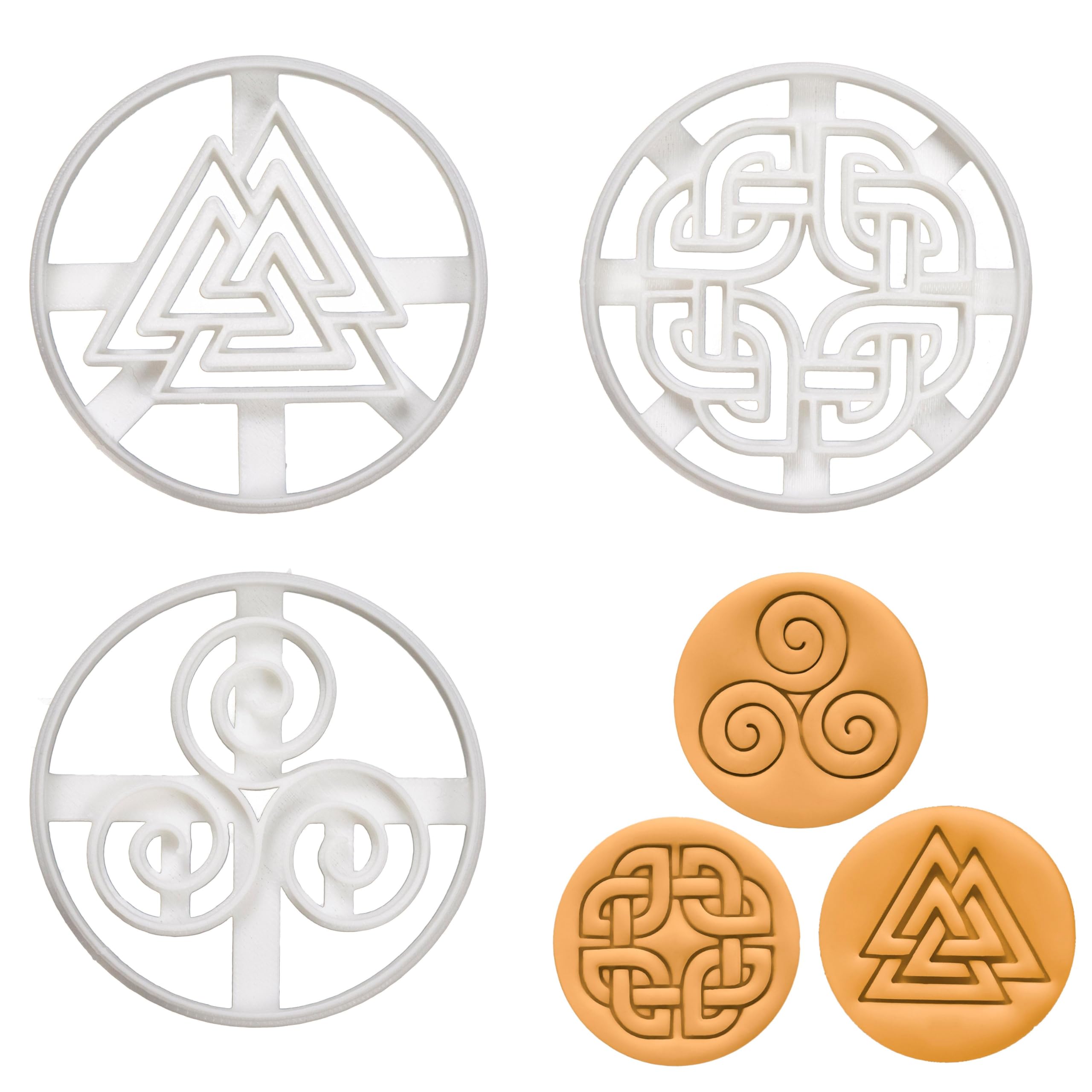 BAKERLOGY Set of 3 Nordic Runes Cookie Cutters (Designs: Celtic Shield Knot, Triskelion, & Valknut) - Detailed Biscuit Cutter Design for Baking and Crafts, Ideal on Fondant, Dough, Clay