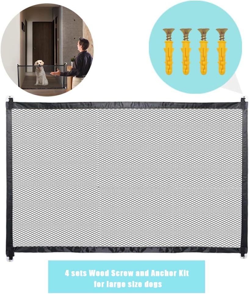 JUSTIDEA Magic Gate Dog Safe Guard, Portable mesh pet gate Screen Folding Safe Guard Install Anywhere 180 x 72cm And 4 sets Wood Screw and Anchor Kit M6x30 (Black)