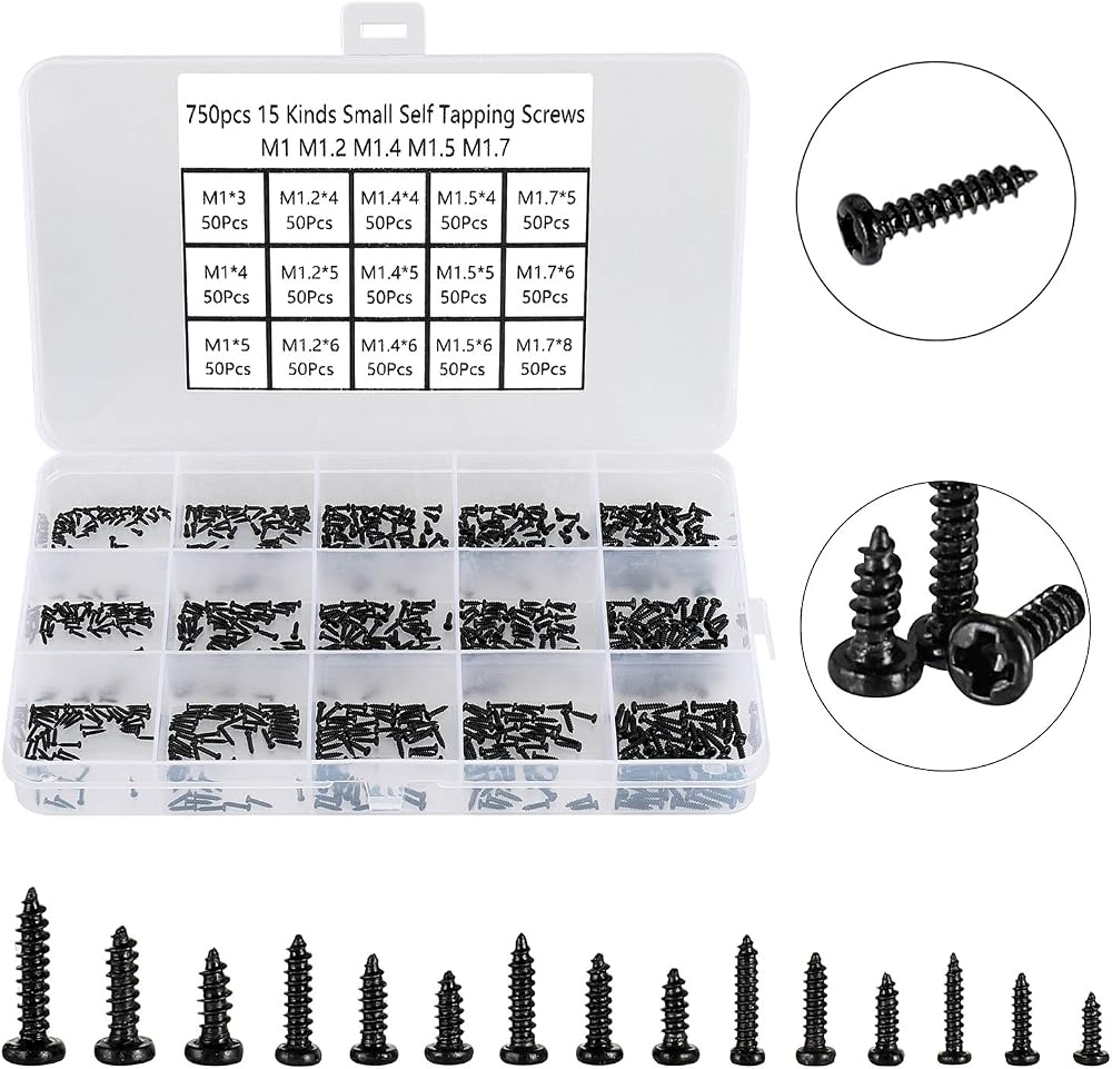 FandWay 750Pcs Small Self Tapping Screws Set M1-M1.7 Black Pan Head for Watch