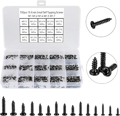 FandWay 750Pcs Small Self Tapping Screws Set M1-M1.7 Black Pan Head for Watch