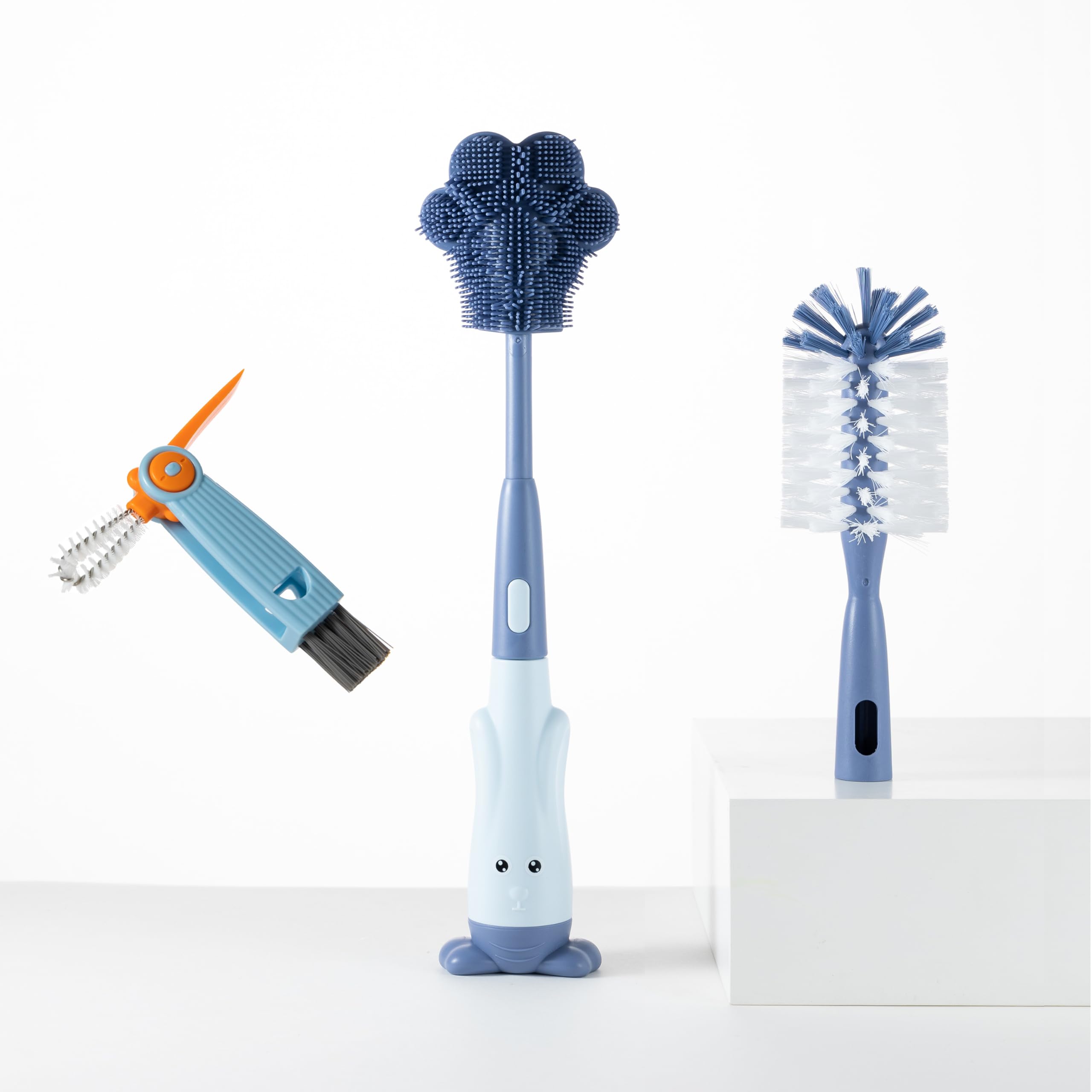 Photo 1 of Chemimoso Cup Cleaning Brush, Silicone Baby Bottle Brush with Stand, Large Handle Water Bottle Brush Cleaner Set, with a Tiny Cup Lid Gap Cleaning Brushes Kit, Pawprint, Blue