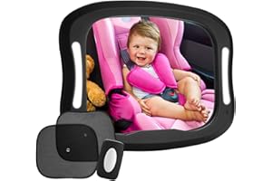 FITNATE LED Baby Car Mirror, Safety Infant in Backseat 360°Adjustable Light Up Mirror for Baby Rear with Best Newborn Secure 4 Sturdy Strips,Remote Control and 2 Car Sun Visors