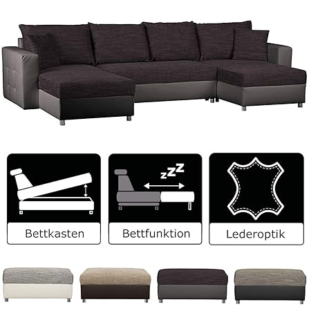 CAVADORE Wohnlandschaft Caaro mit Ottomane rechts oder links montierbar / Großes Schlafsofa mit Bettkasten / Im Materialmix m