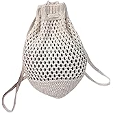 ENBEI Small Crochet drawstring Backpack Handmade crochet Purse for Beach,Travel, Beach Bag for Women,Lightweight Mesh Bag(white)