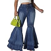 Cute Bell Bottom Jeans for Women High Waist Flare Jeans Patchwork Pleated Layered Ruffle Hem Wide Leg Denim Long Pants