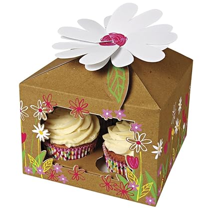 Ibex House Shaped Cupcake Box Brown Holds 4 Cakes Flower Design