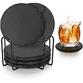 Black Slate Coasters for Drinks - Set of 6 - Anti-Scratch Drink Coasters with Holder - Natural Stone Coaster Bulk, Unique DIY Crafts - Cup Coaster Set for Home Decor, Bar, Coffee, Table