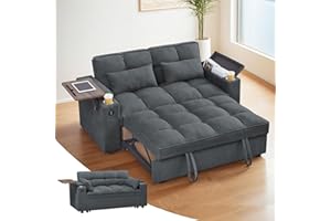 Skepphlay 3 in 1 Sofa Bed, 65 Inches Convertible Loveseat Sleeper with Side Table, Pull Out Couch with 3 Level Adjustable Backrest, Chaise Lounge with USB and Type-C Ports for Living Room, Dark Grey