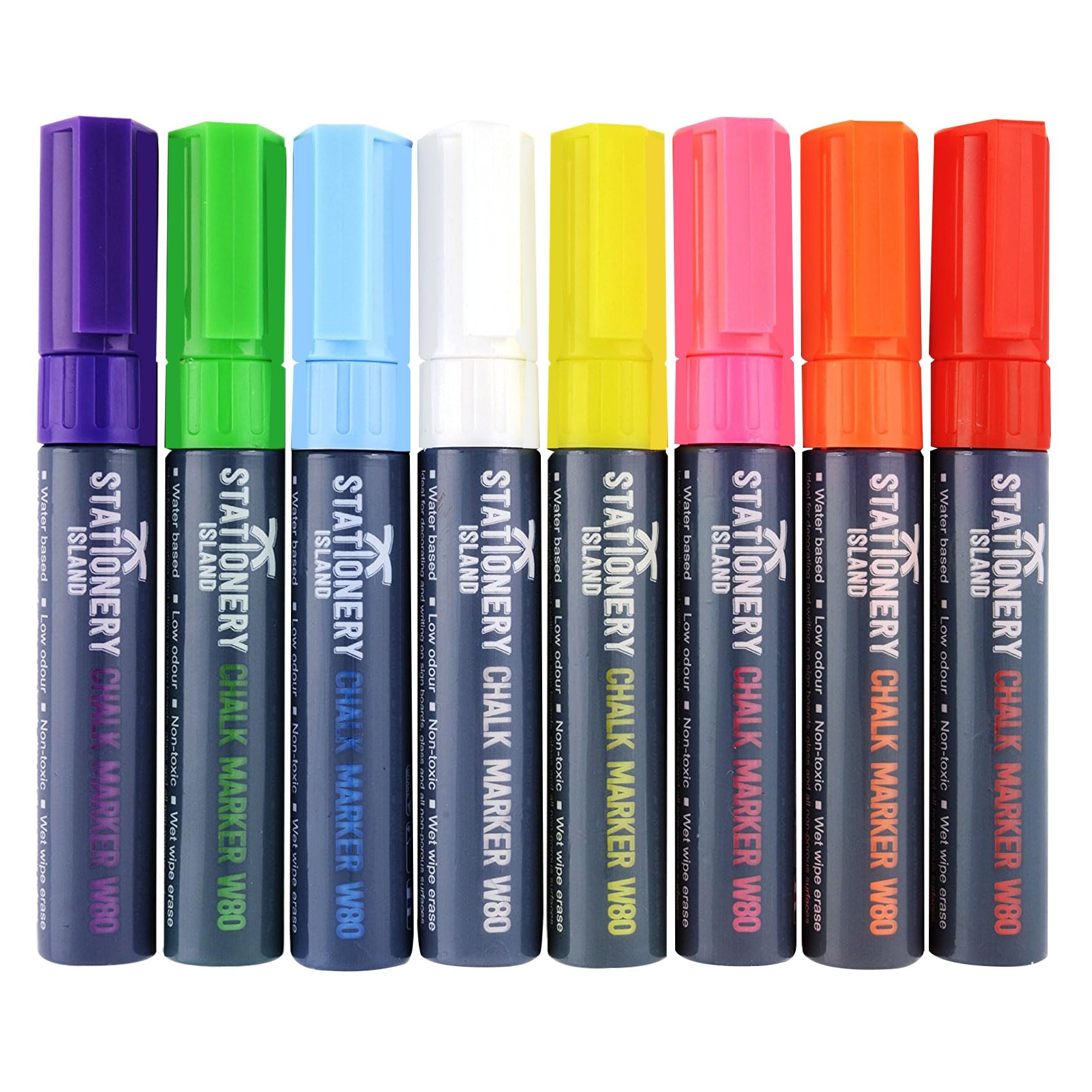 STATIONERY ISLAND Chalk Pens W80 Pack Of 8 Neon Colours – 8mm Broad Nibs. Wet Wipe Erase Liquid Chalk Markers. For Glass (Windows & Mirrors), Whiteboards, Blackboards