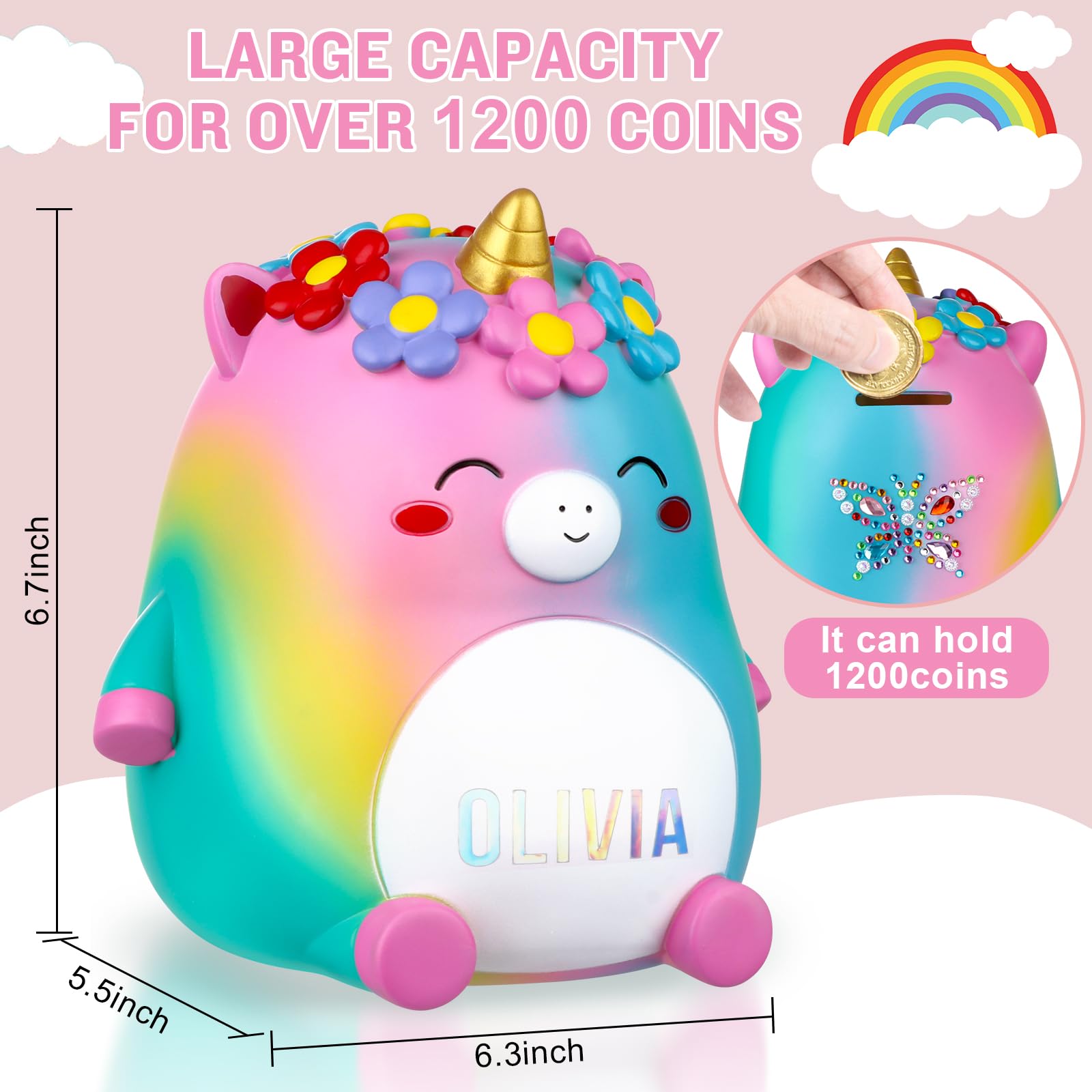 Unicorn Piggy Bank Girls – Cute Rainbow Kids Piggy Bank for Girls, Personalized Unbreakable Resin Coin Money Bank for Kids with Stickers for Toddlers