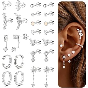 Turandoss 24Pcs Flat Back Earring Stacks, 316L Surgical Steel Earrings | Hypoallergenic Earrings for Women Teen Girls, Small