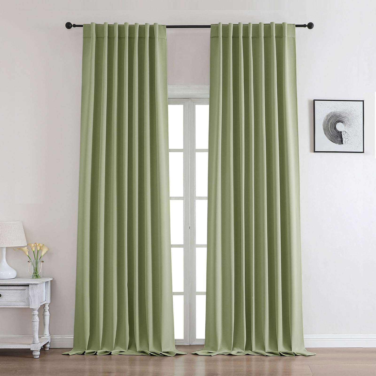 Photo 1 of Chyhomenyc Dot Sage Green Extra Long Blackout Curtains for Bedroom 108 Inch Length 2 Panels, Energy Saving Noise Reducing Rod Pocket Back Tab Window Curtain Drapes, Each 52Wx108L, 9FT