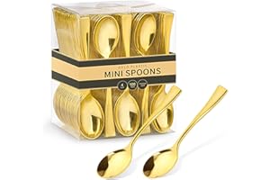 Qeirudu 4 Inch Gold Plastic Mini Spoons, 100 Pack Heavy Duty Small Tasting Spoons for Party Dessert Shooters, Appetizers, Ice Creams, Food Samples, Puddings