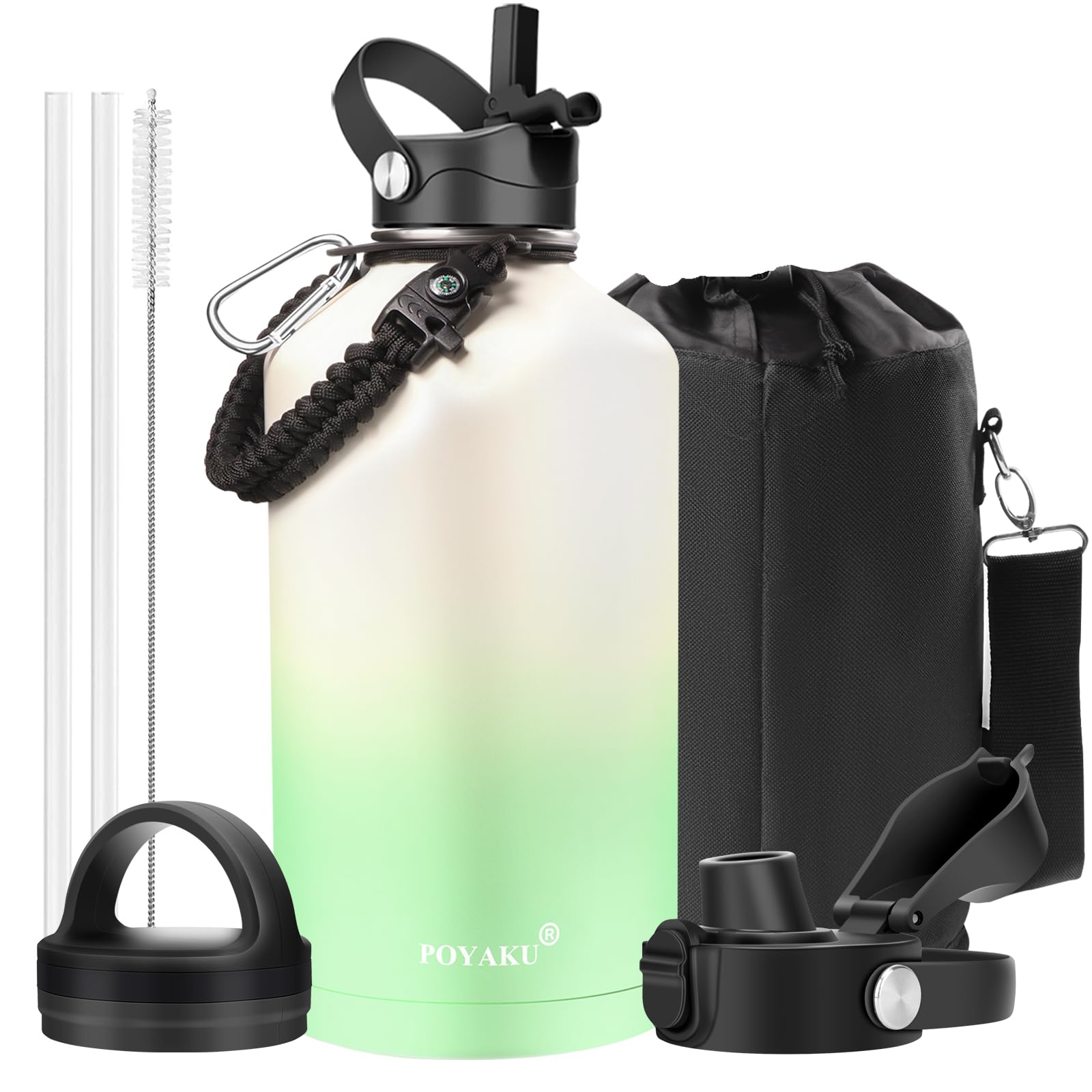 Water Bottle Insulated 32oz 40oz 64oz 128oz Straw Lid Spout Lid & 3 Lids, Leak Proof, Vacuum Insulated,Stainless Steel Water Bottle Wide Mouth for Sports, Gym or Office (Vanilla Green, 128 oz) Image