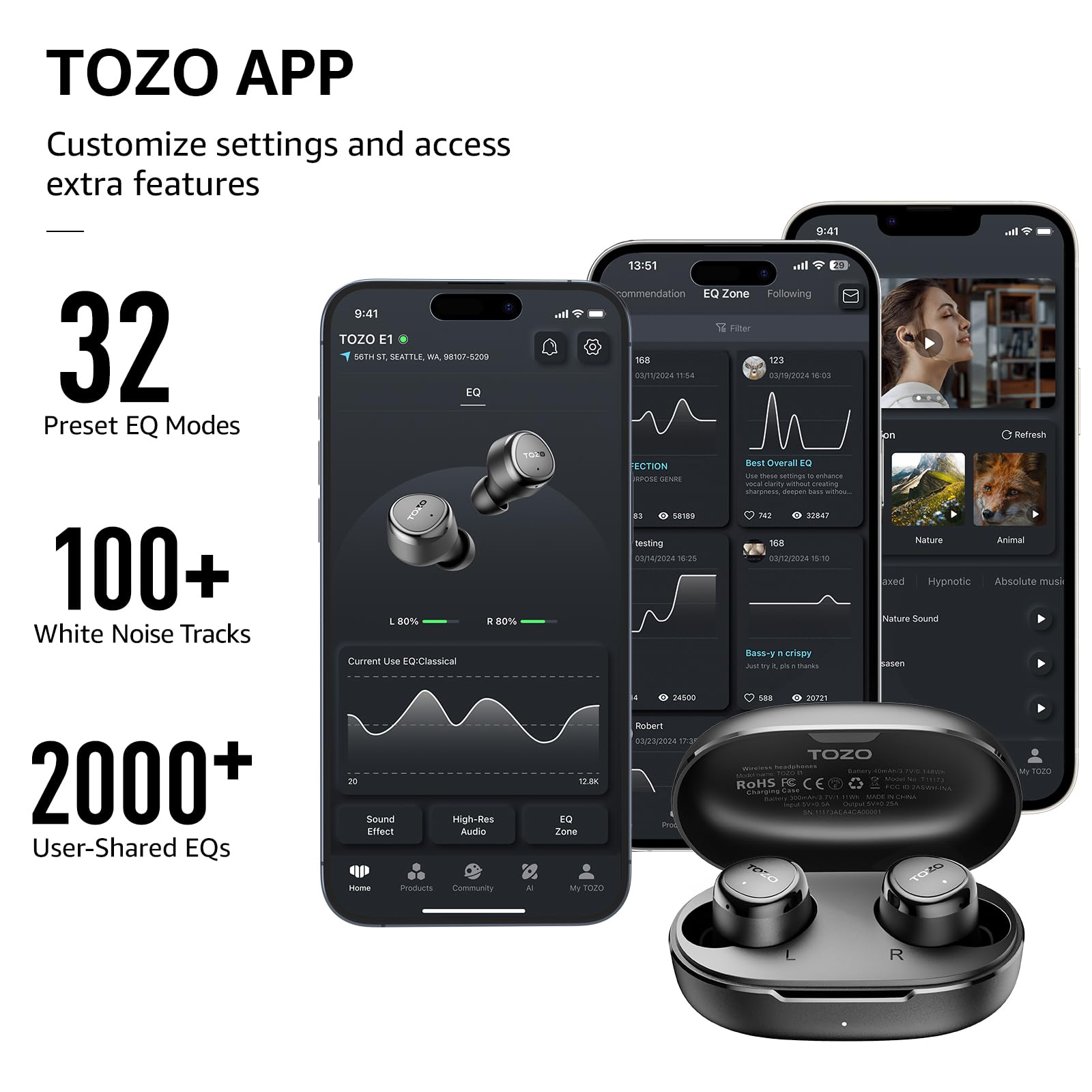 TOZO E1 Wireless Earbuds Build in Mic Clear Calls Ergonomic Light Weight Bluetooth 5.3 in Ear Headphones IPX6 Waterproof Premium Stereo Sound Ear Buds 30H Playtime with 32 EQs via APP, Black - Image 4