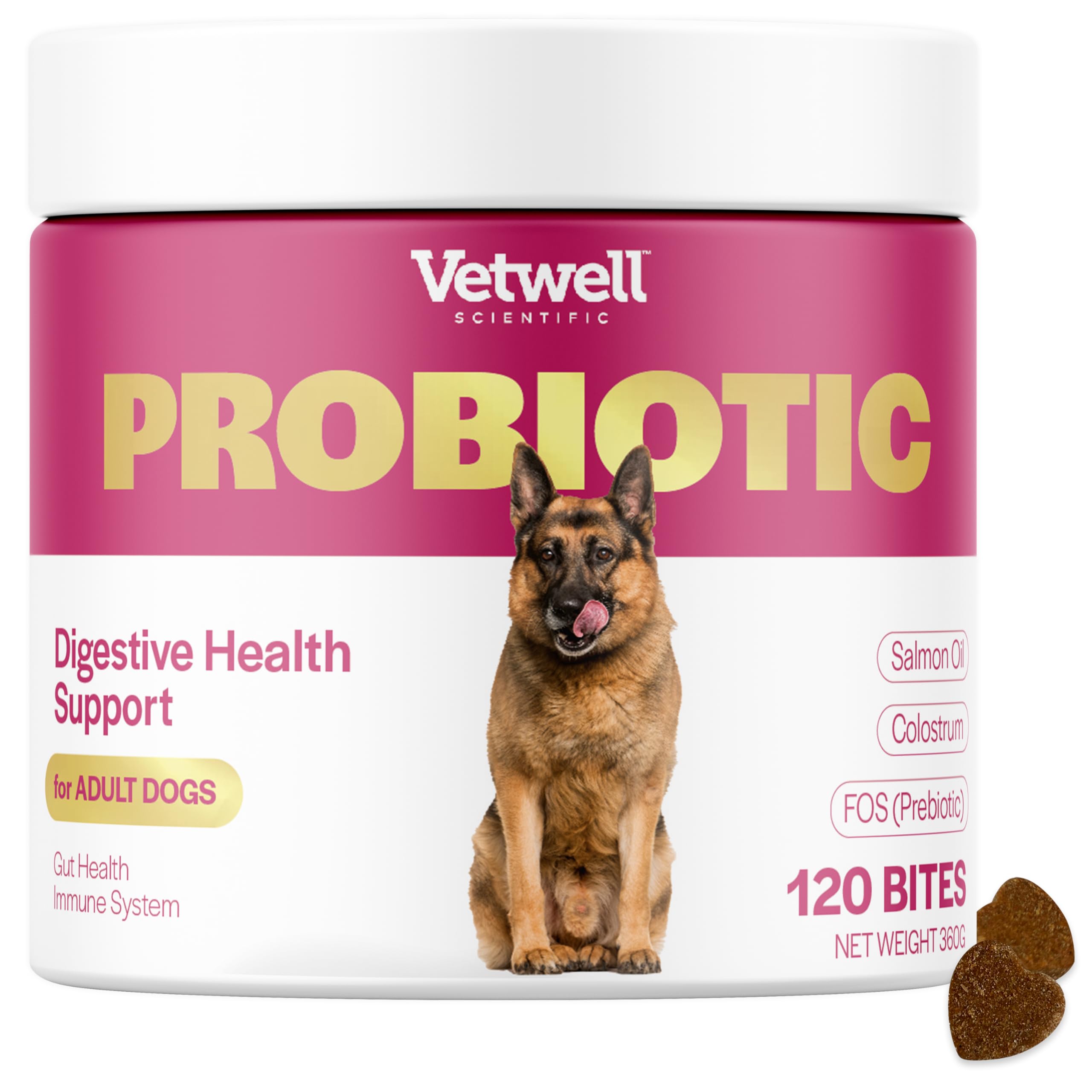 Vetwell Probiotics for Dogs - 120 Chews, Digestive Care with Dog Probiotics Enterococcus Faecium, Colostrum from Bovine, Prebiotic Chicory Inulin, Liver Flavour Dog Probiotic Supplements